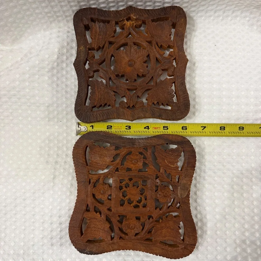 Vintage Hand-Carved wooden trivet crafted in India w floral & leaf motifs